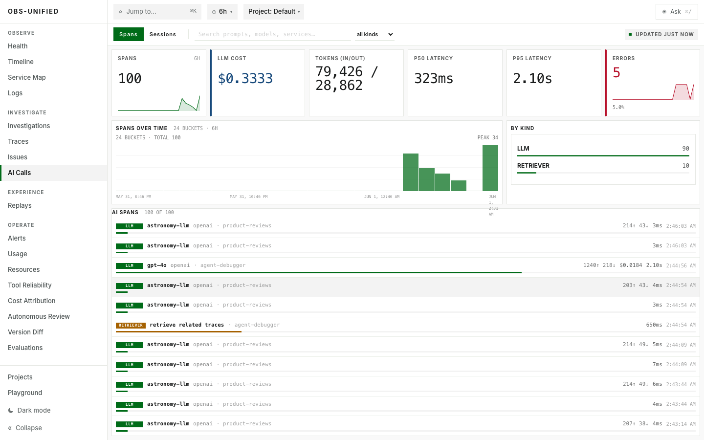 AI cost and LLM spans in the Observability Unified dashboard